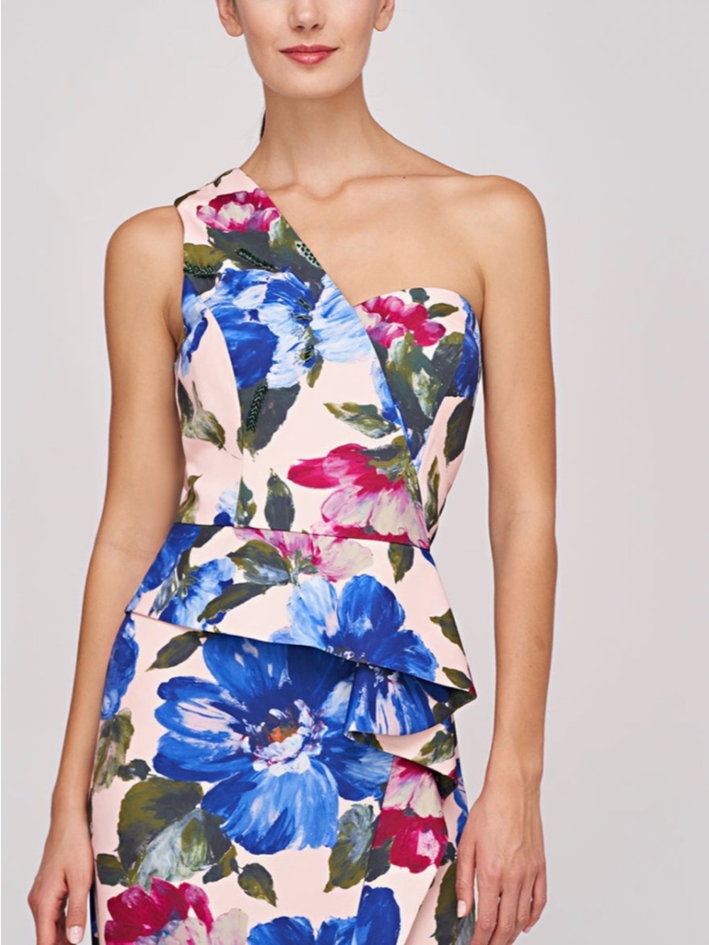 Kay Unger One-Shoulder Pink Dress with Blue Floral Print - Picture 9 of 14